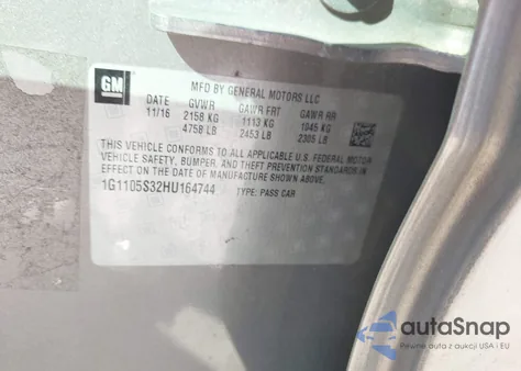 2017 Chevrolet Impala 1Lt z USA, uszkodzony, nr VIN 1G1105S32HU164744